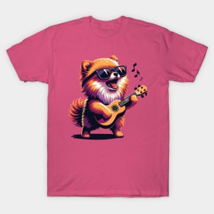 Dog Playing Guitar Singing Pomeranian Pom Funny T-Shirt